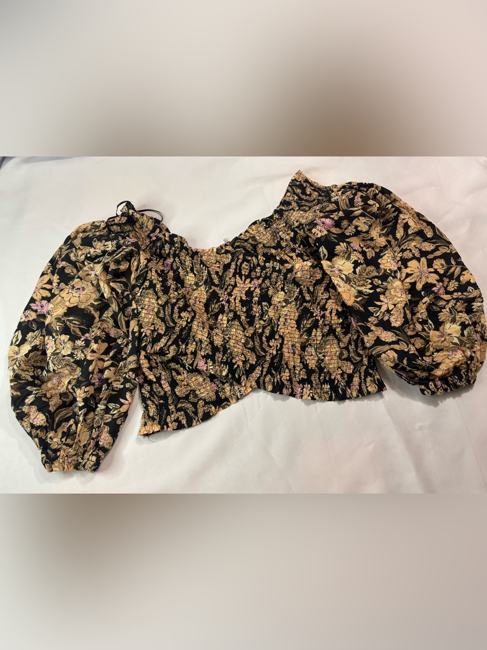 Free People Black Smocked Crop Top with Gold and Pink Floral Details - Picture 6 of 9